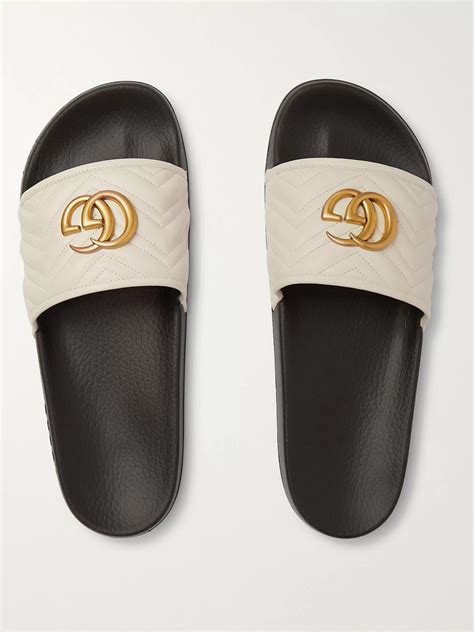 gucci pursuit logo-embellished quilted leather slides|Gucci ladies slides.